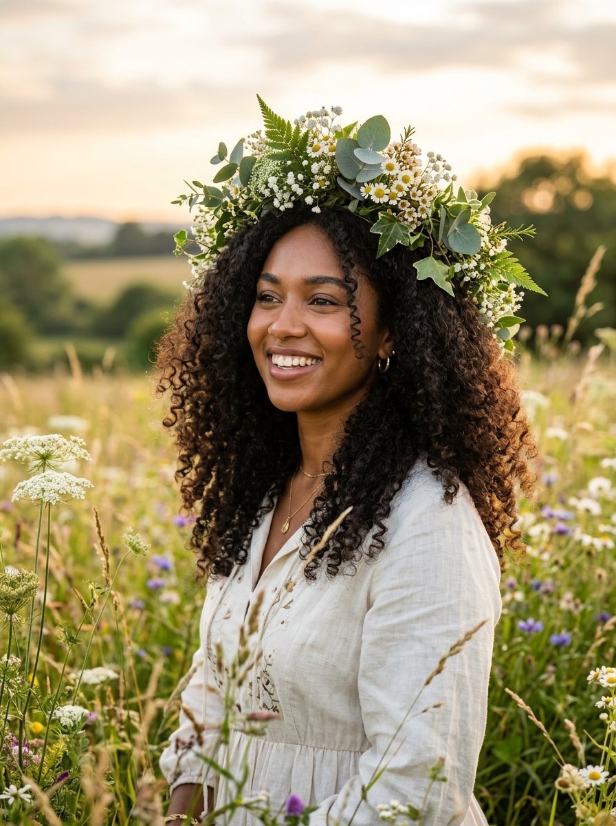 Portrait of a smiling woman with curly hair wearing a wreath of eucalyptus and daisies in a wildflower meadow.