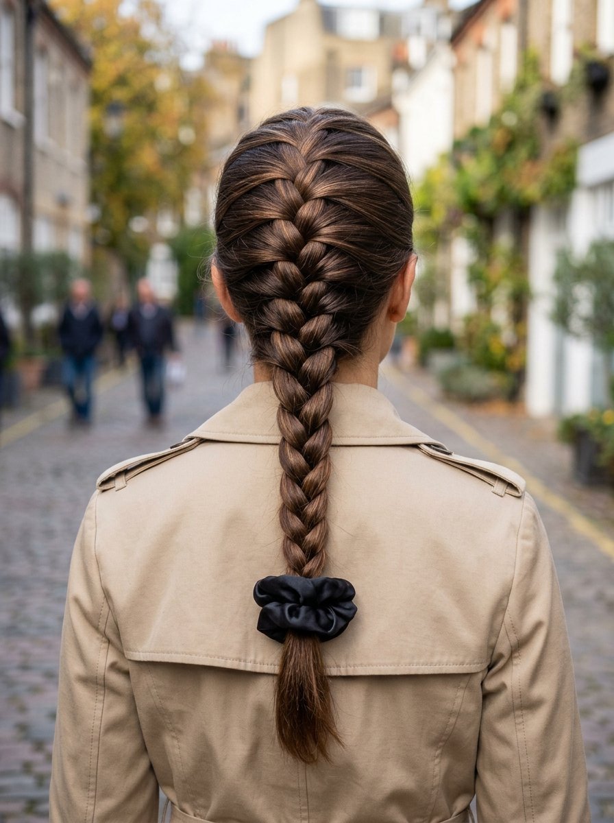 Close up back view of a brunette woman with a thick braided hairstyle secured by a black silk scrunchie.