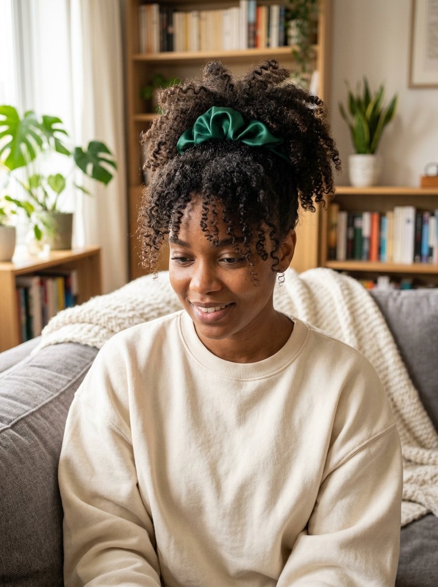A woman with dark curly hair in a high bun held by a dark green satin hair tie while sitting on a sofa.