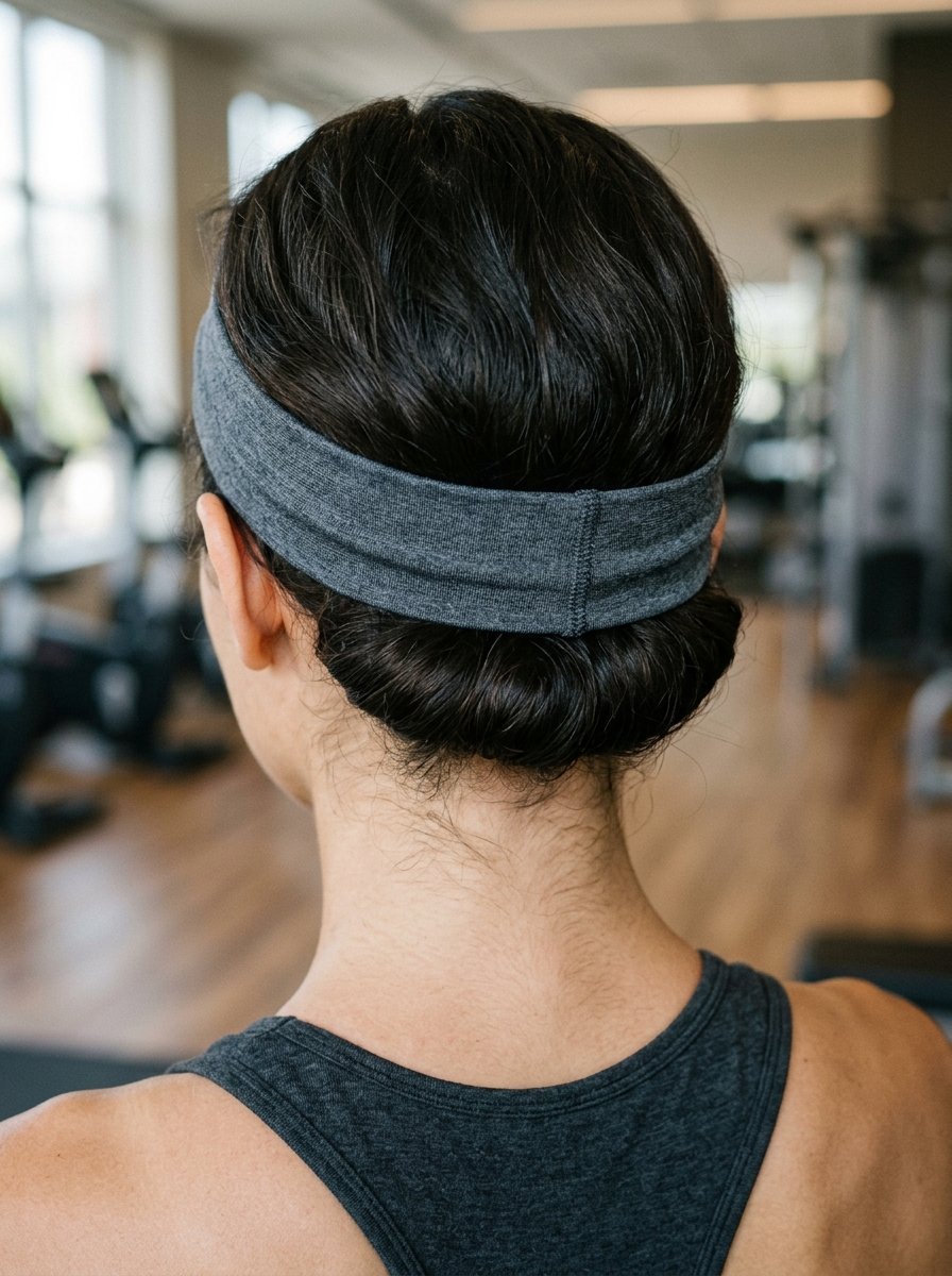 Back view of a person with dark hair in a bun wearing a grey sports headband in a gym.