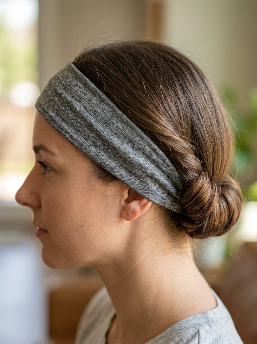 Close up of a woman's side profile wearing a heather grey fabric fitness headband with hair styled in a low bun.