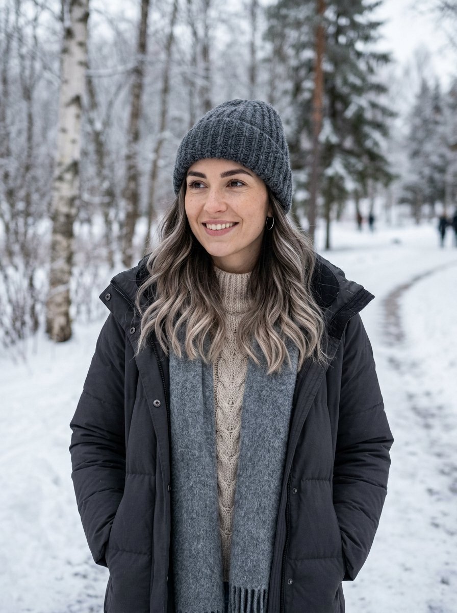 A woman with wavy hair wearing a grey ribbed hat and winter coat stands in a snowy forest path.