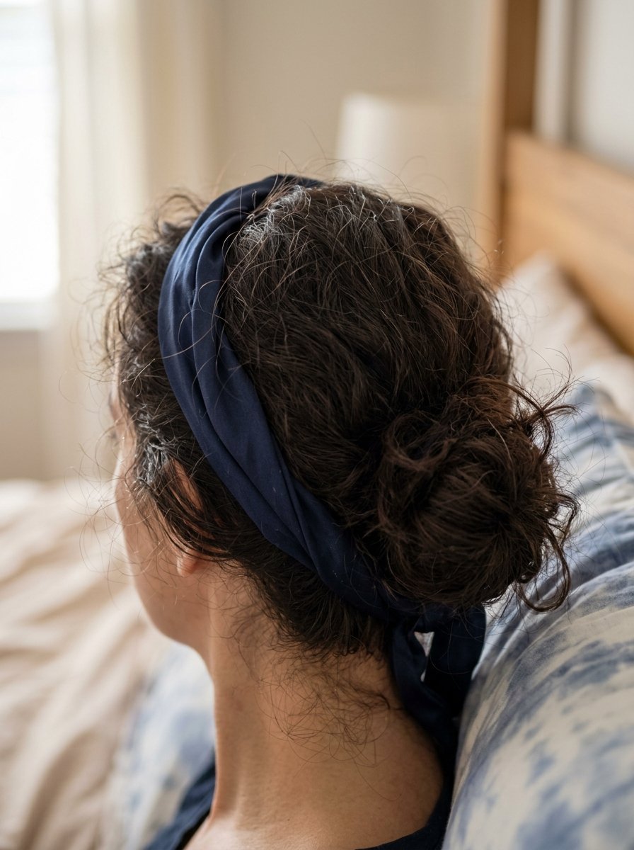 Close-up back view of a woman with curly hair pulled back in a bun and secured by a navy blue headband.