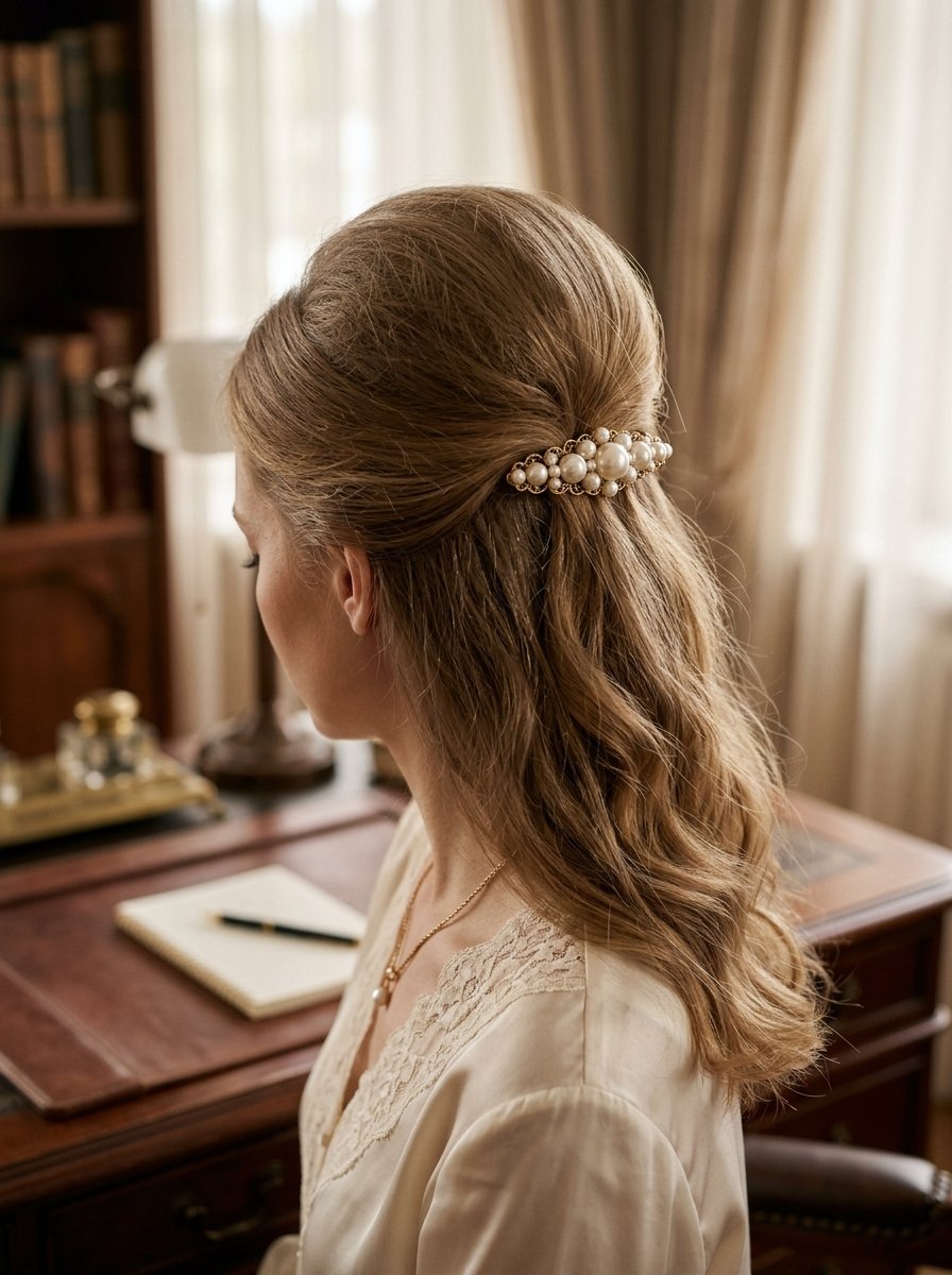 Back view of a woman with long wavy hair pinned back with a decorative gold and pearl accessory.