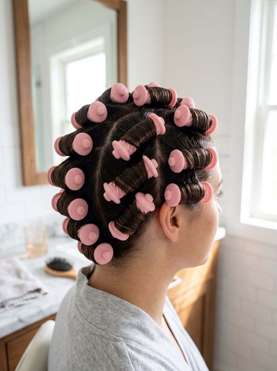Close up view of a woman with many small pink hair curlers set into her brown hair inside a bright bathroom.