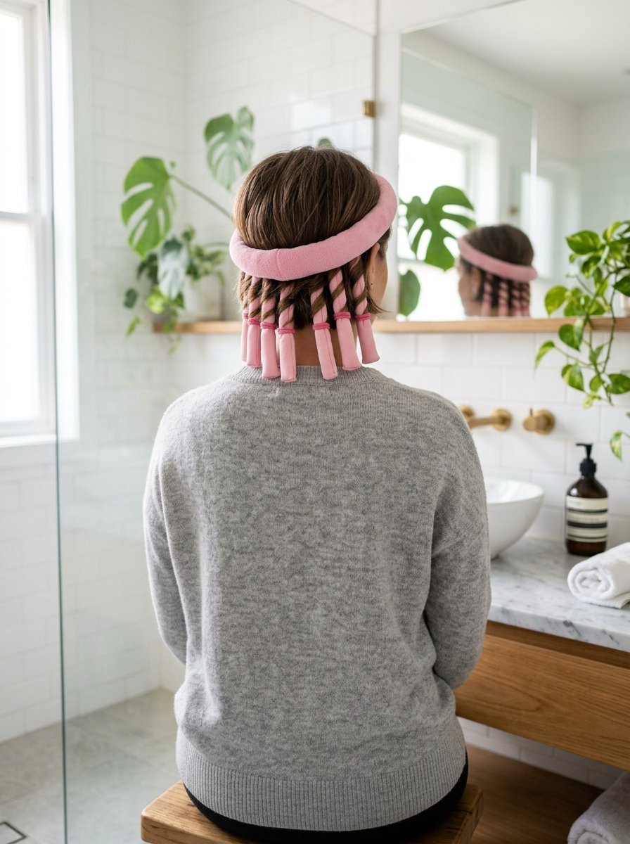 Person seen from behind wearing a pink fabric headband with hanging padded hair curlers in a bright bathroom.