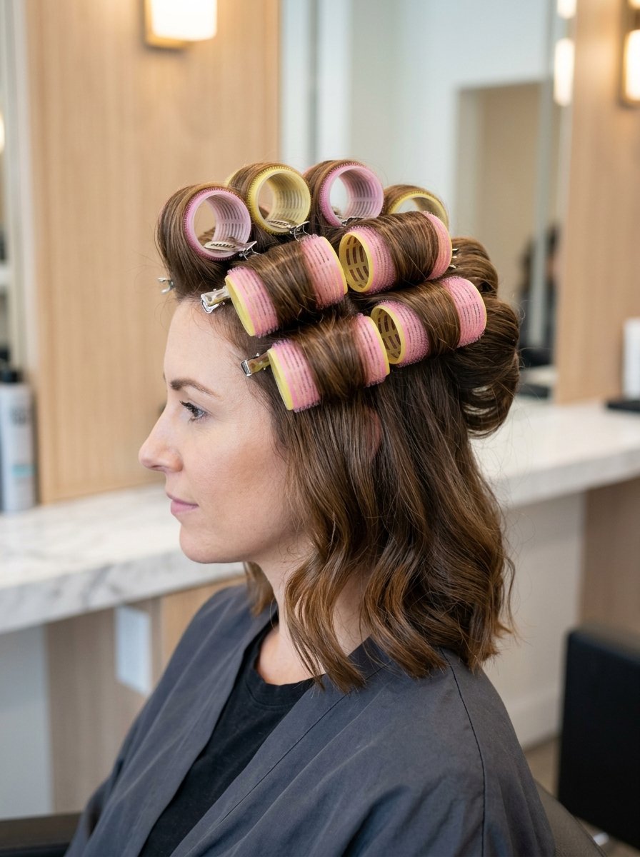 Side profile of a woman with medium length brown hair styled with large pink Velcro hair rollers.