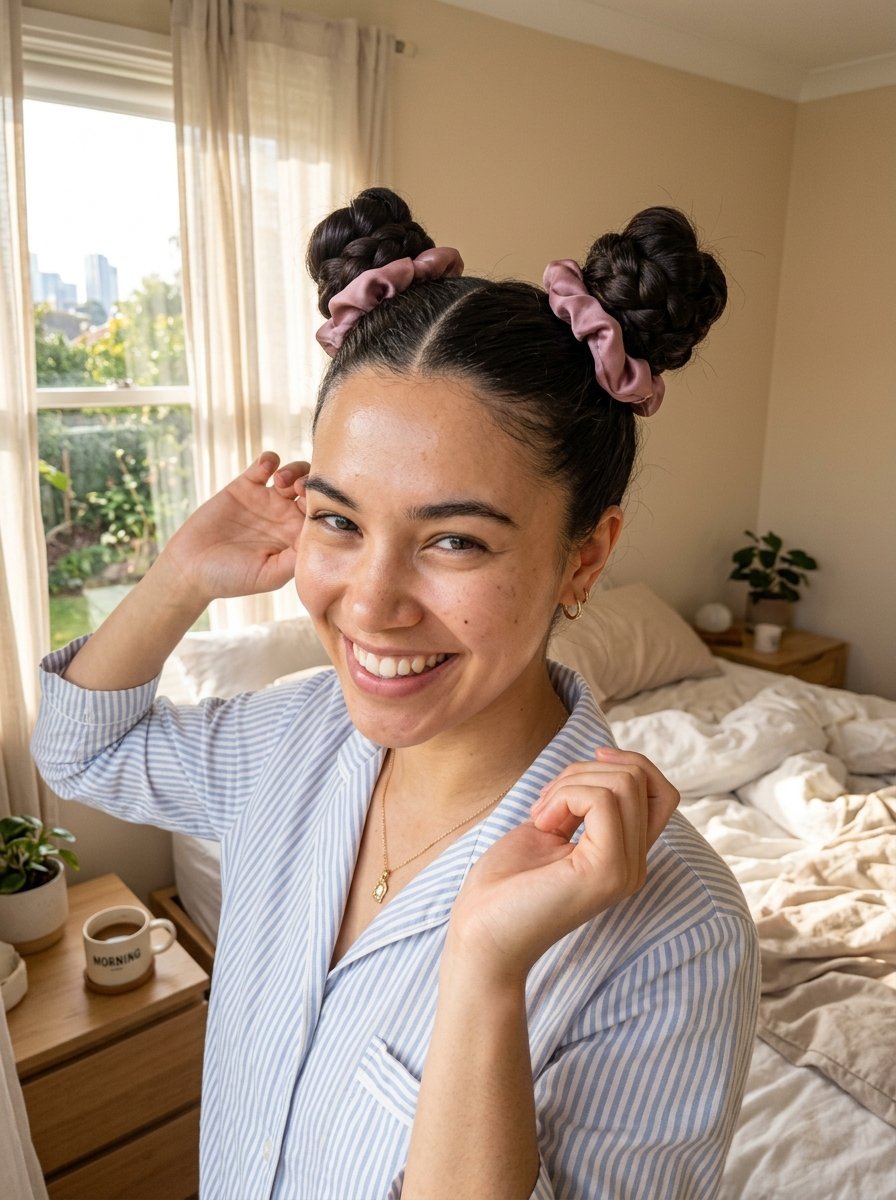 Close up of a smiling woman in pajamas wearing dark hair styled in two braids held by pink silk hair accessories.