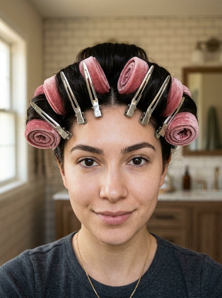 Close-up of a person with dark hair styled in dusty pink velvet rollers secured by silver metal clips.