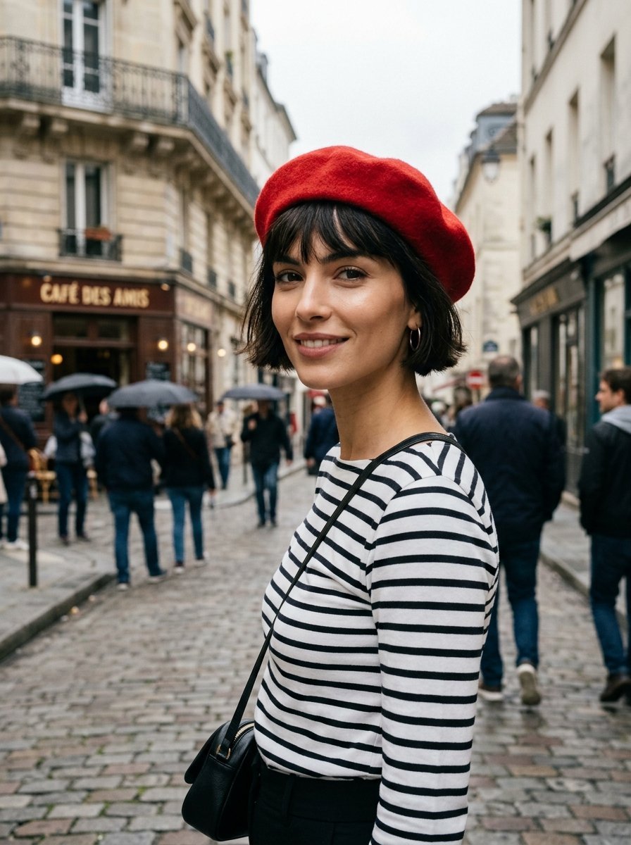 Portrait of a brunette woman with a bob haircut wearing a bright red beret and striped long-sleeve top on a rainy day in Paris.