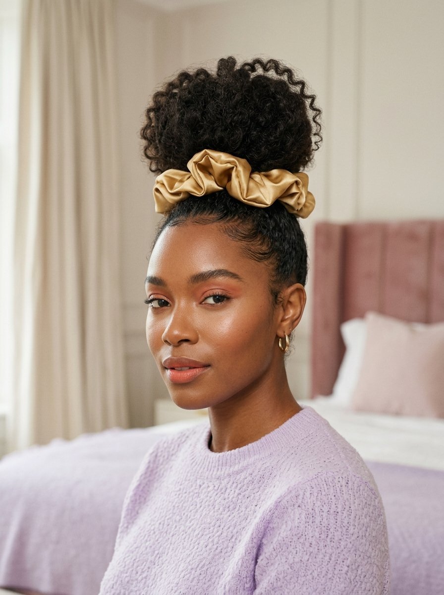 Close up of a woman with textured dark hair in a topknot using a champagne colored silk accessory.