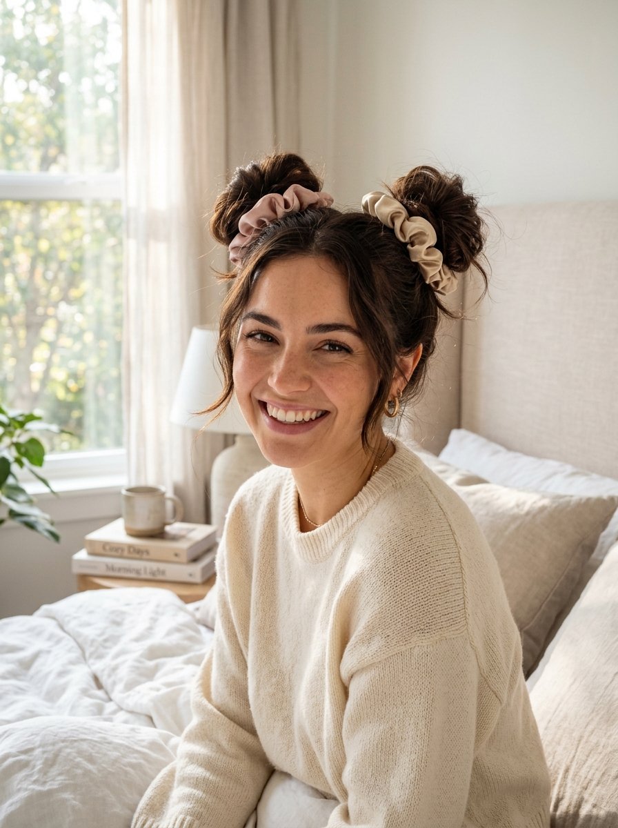 Young woman in a cream sweater smiling on a bed with two messy buns styled using soft pink and beige scrunchies.