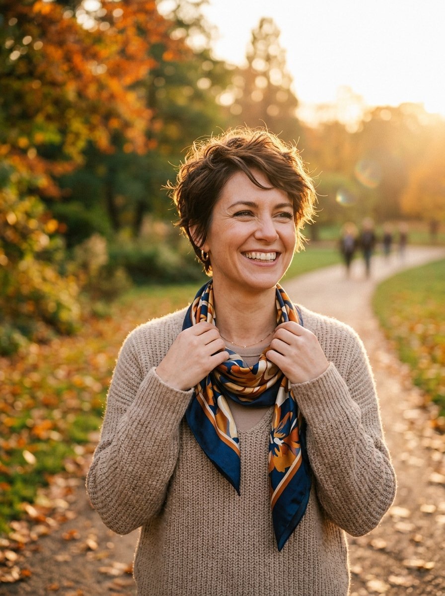 Smiling woman with short hair wearing a beige knitted sweater and a colorful patterned silk scarf in a park.