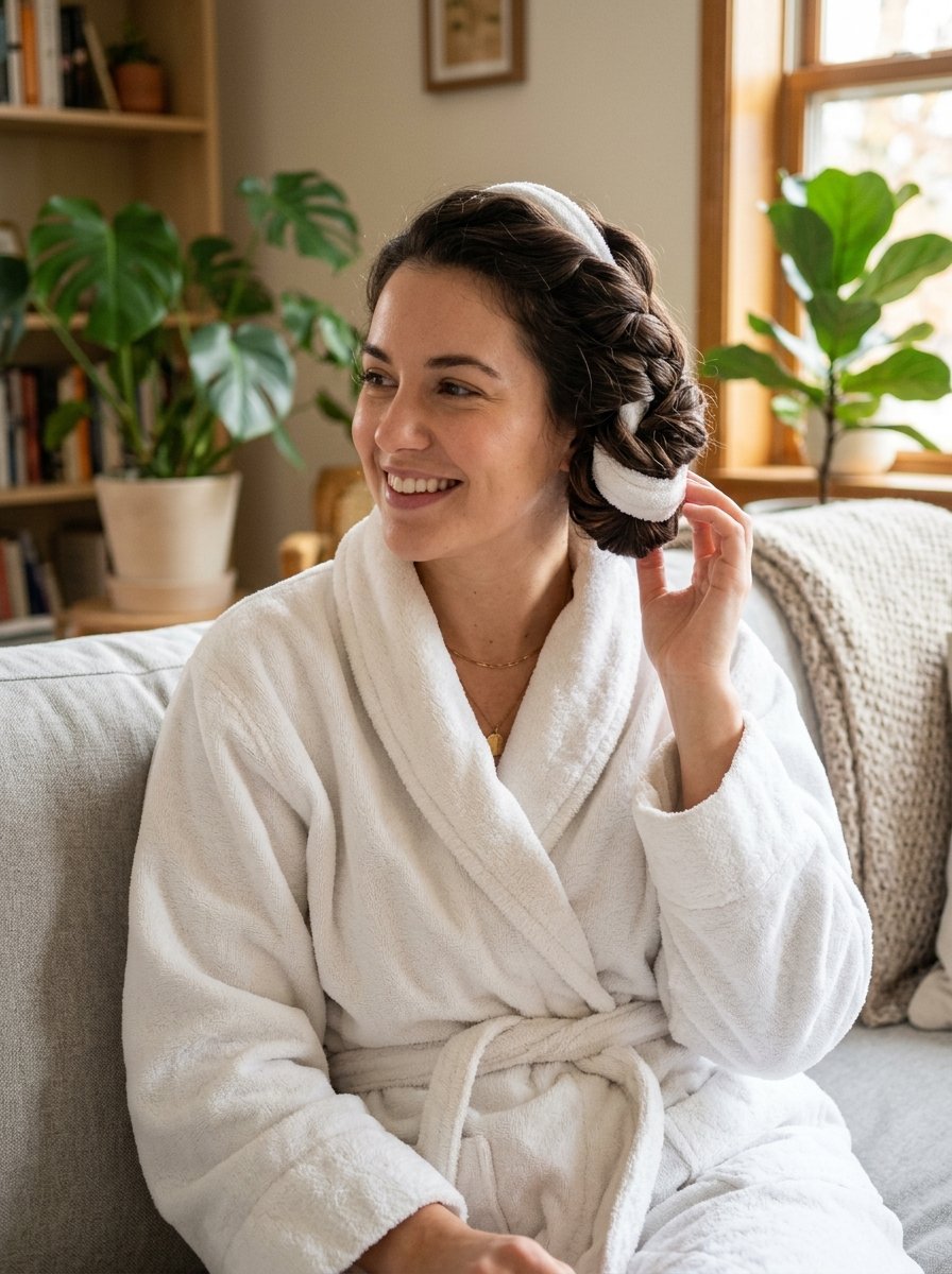 Young woman with a white towel headband sitting on a couch while styling her dark braided hair.