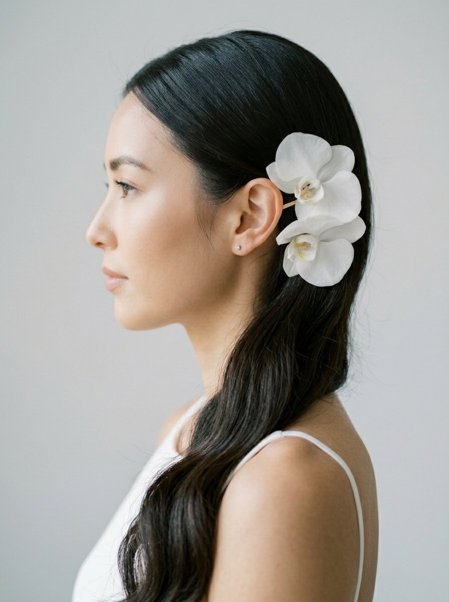 A woman in profile view with two white orchid flowers pinned into her long dark hair against a neutral backdrop.