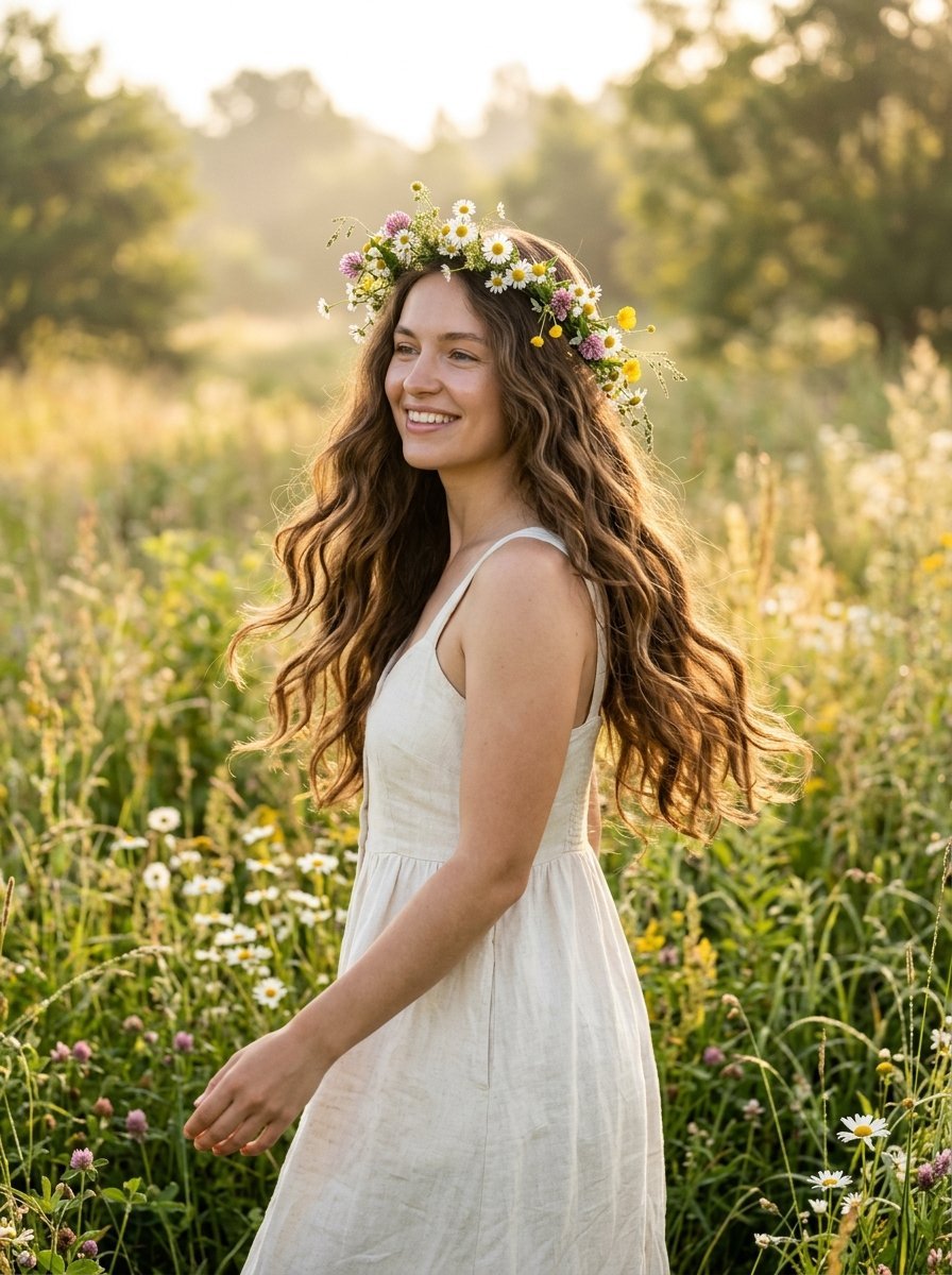 A smiling woman in a beige linen dress walks through a field of wildflowers wearing a crown of daisies and clover.