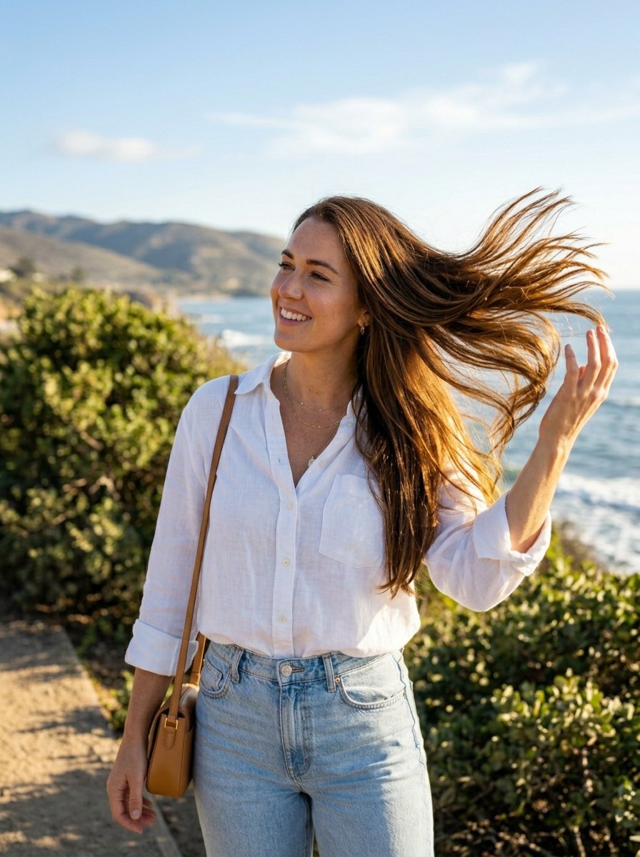A woman in a white button-down shirt and jeans stands by the ocean with her hair blowing in the wind.
