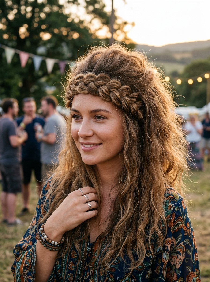Close-up portrait of a smiling woman with long wavy hair and a braid across her forehead at a festival.