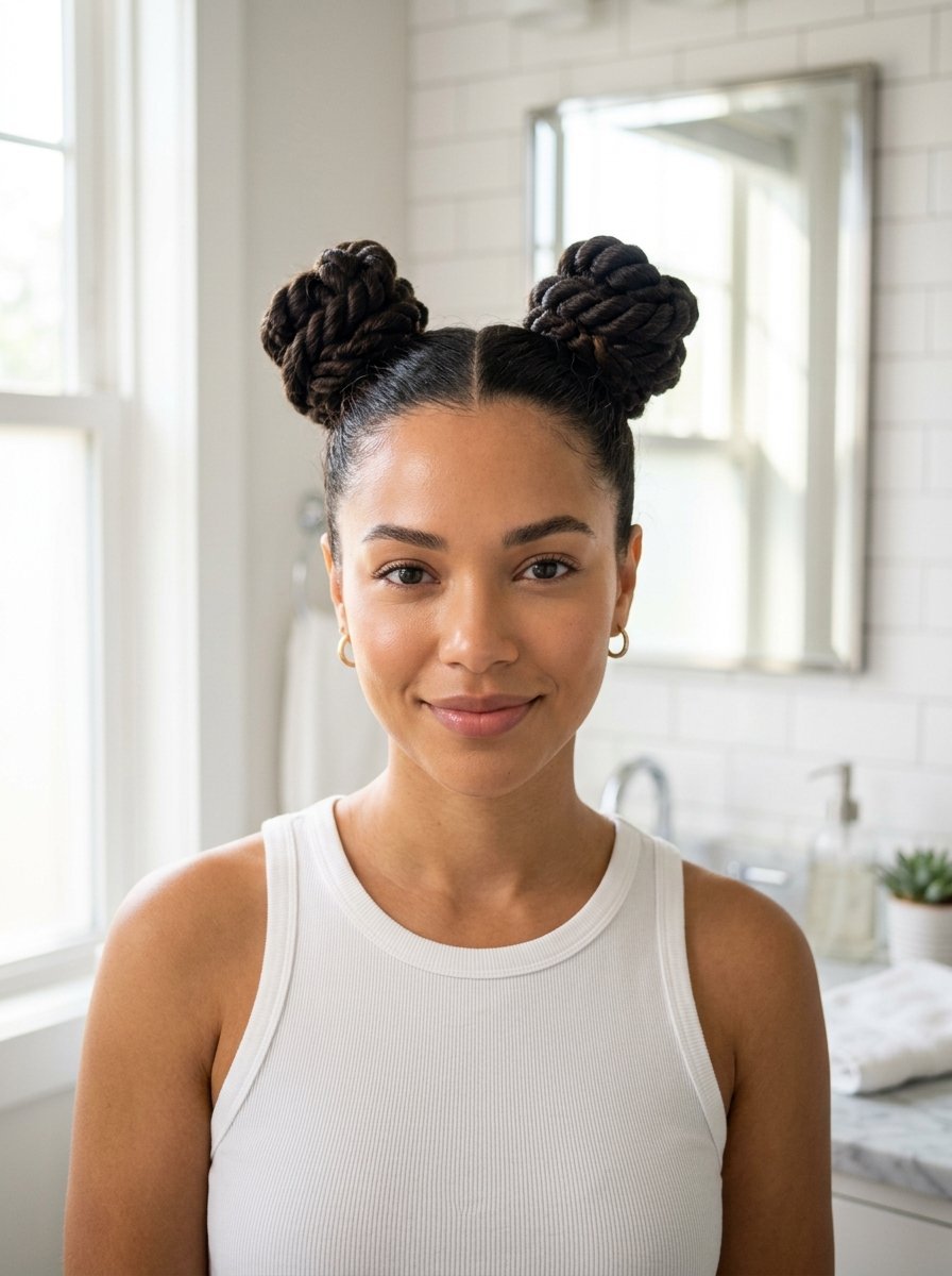 Close up portrait of a woman with braided hair styled in two high buns wearing a white ribbed tank top in a bathroom.