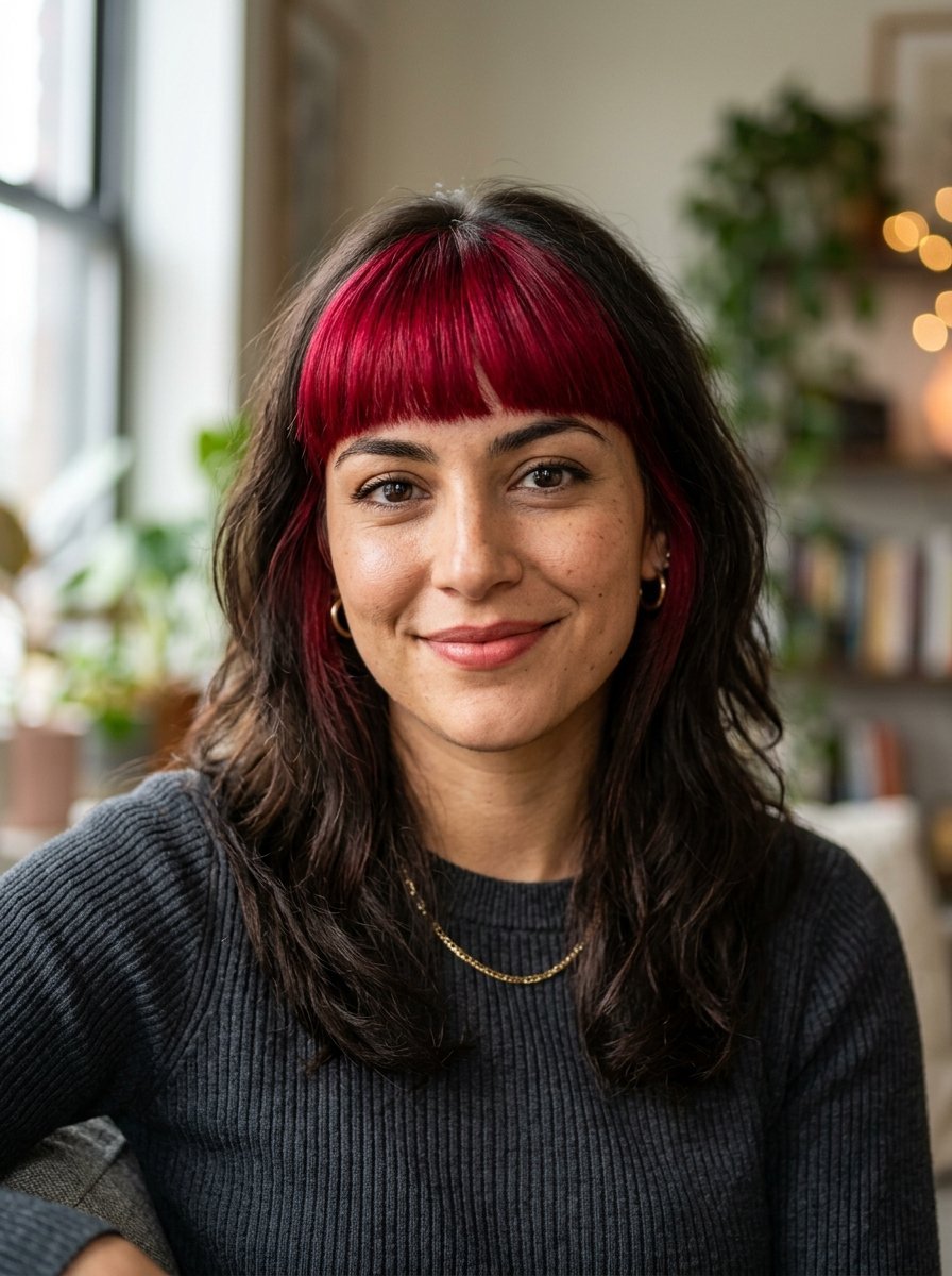 Portrait of a woman wearing a charcoal grey sweater with vibrant magenta-dyed bangs.