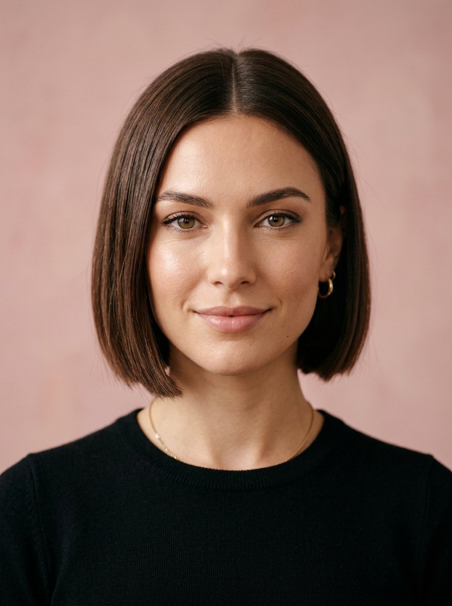 A front-facing portrait of a woman with short, straight brown hair wearing a black sweater.