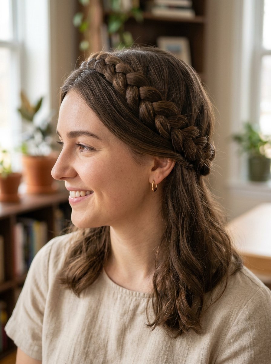 Profile view of a young woman wearing her dark hair in a thick, braided headband style.