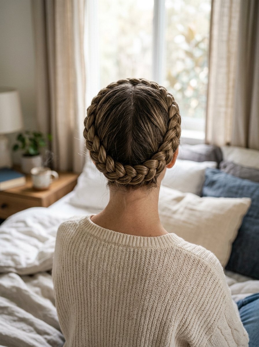 Back view of a person with light brown hair styled in a neat crown braid, wearing a cream knit sweater.