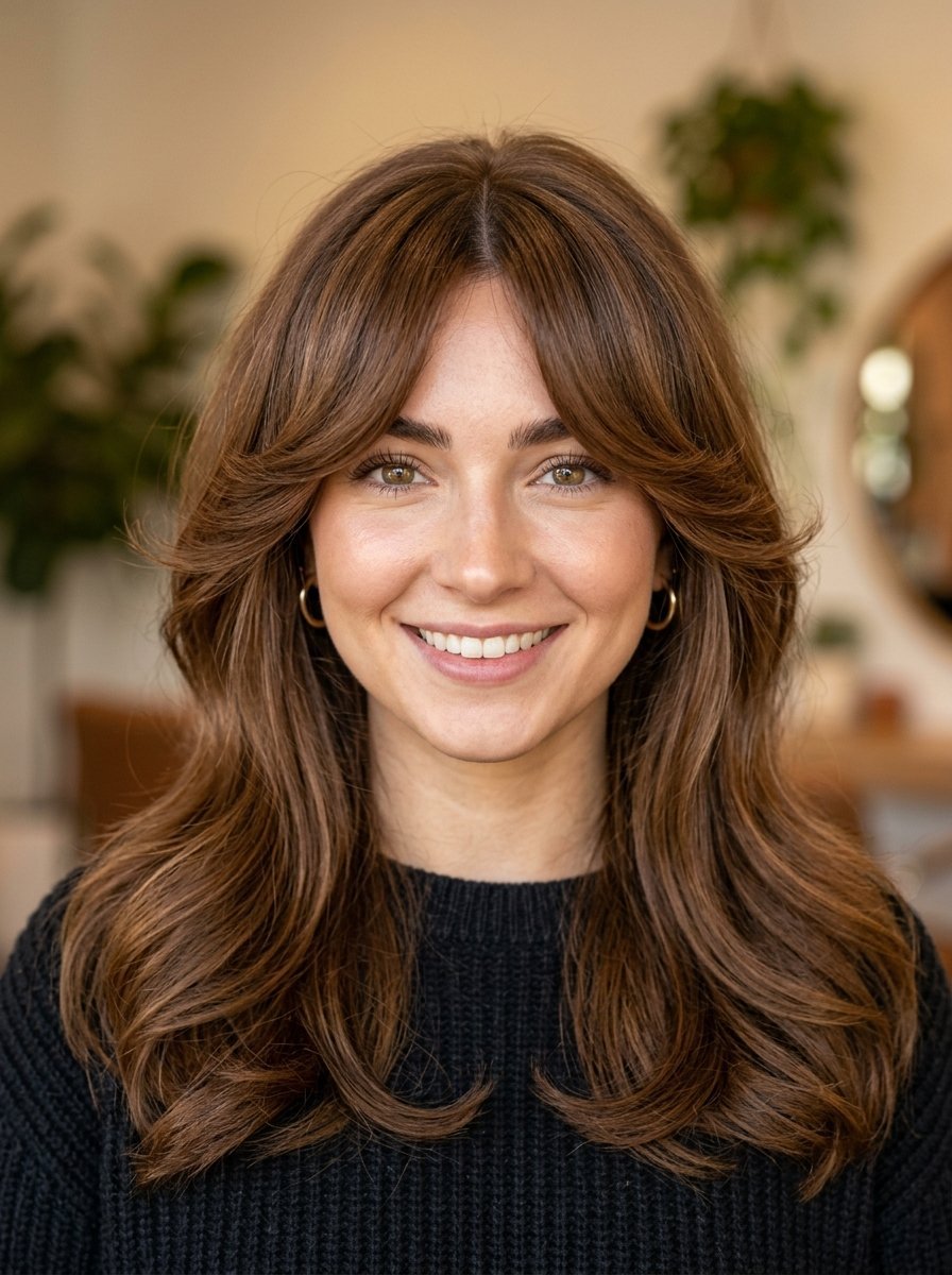 Close-up portrait of a woman with long wavy brown hair featuring soft, layered face-framing curtain bangs.