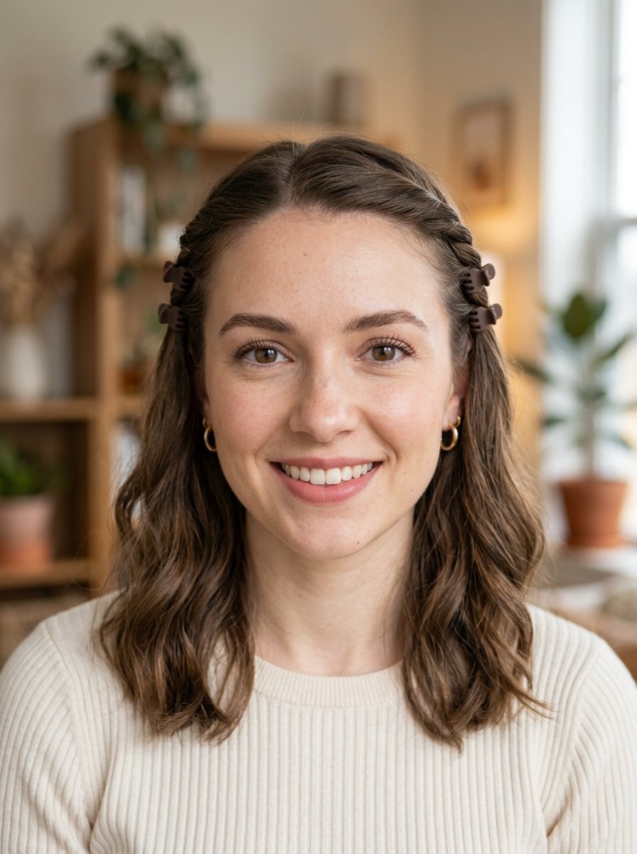 Portrait of a woman wearing a cream sweater with hair styled back using brown clips, standing in a bright home office.
