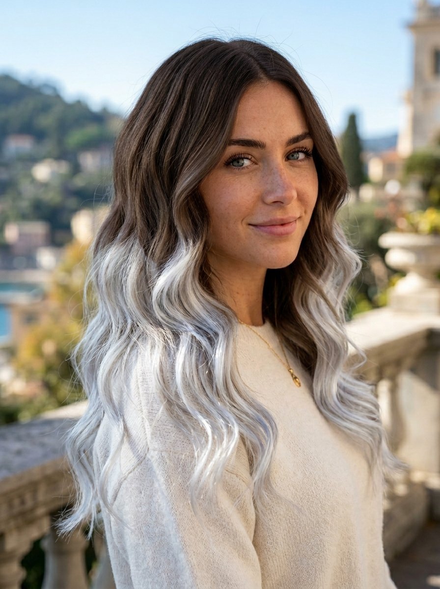 A smiling young woman wearing a beige sweater with brown to white dip-dyed wavy hair outdoors.