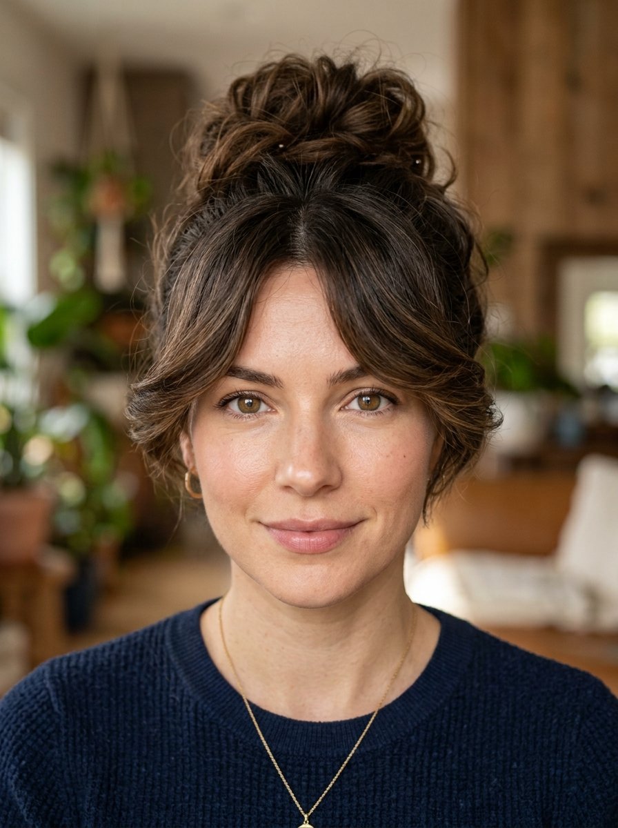 Close-up headshot of a woman with brunette hair styled in a high bun with face-framing bangs.