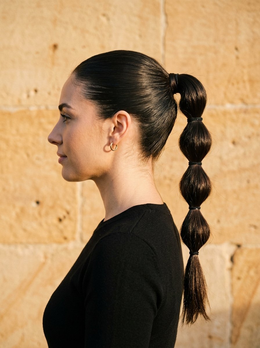 Side profile of a woman in a black shirt with her dark hair styled into a segmented bubble ponytail.