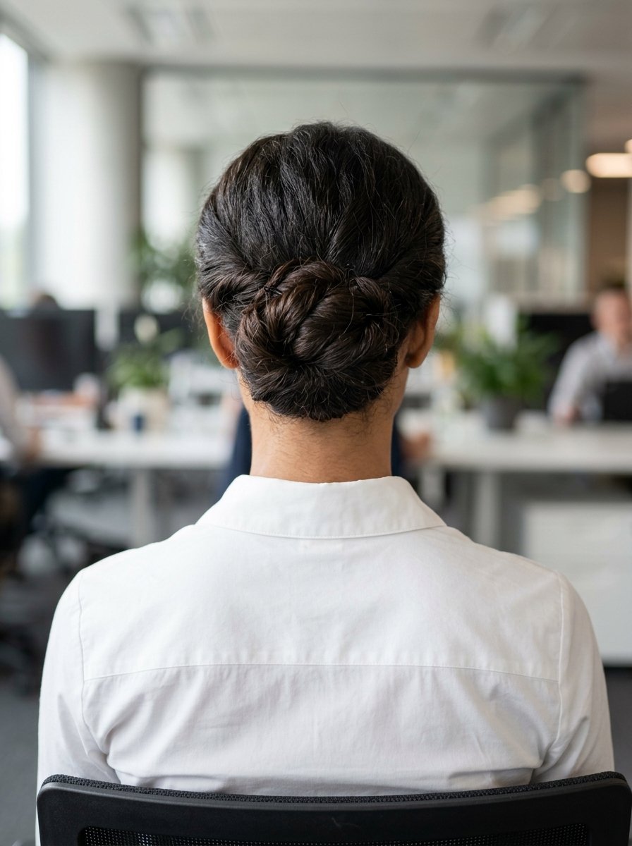 Close-up back view of a woman with dark hair styled in a low bun wearing a white collared shirt in an office.