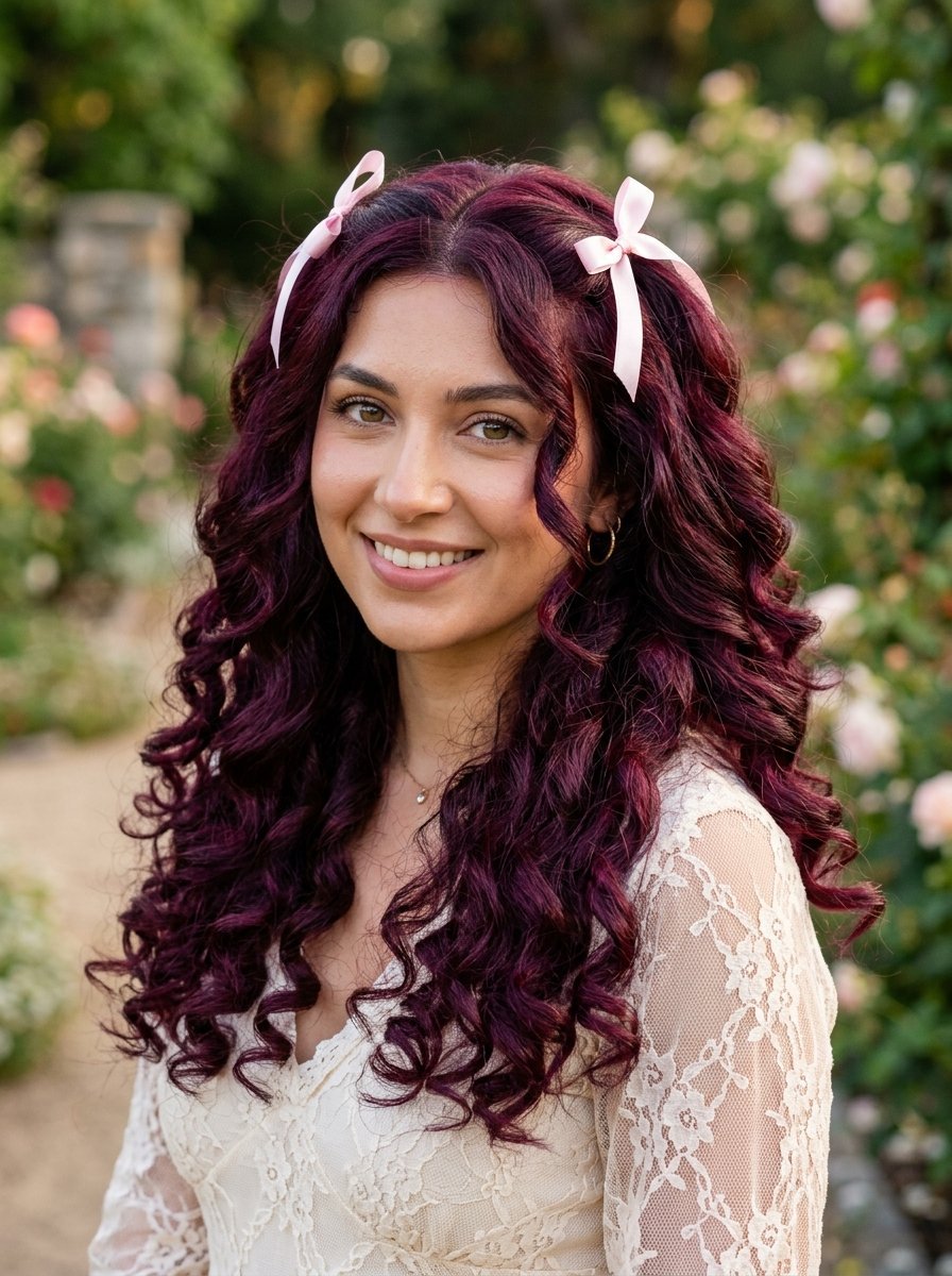 Close up of a woman with vibrant dark purple wavy hair adorned with two light pink hair bows in a garden setting.