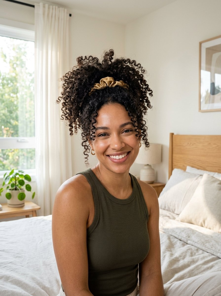 Close-up of a happy woman with a high curly ponytail and gold scrunchie sitting on a bedroom bed.