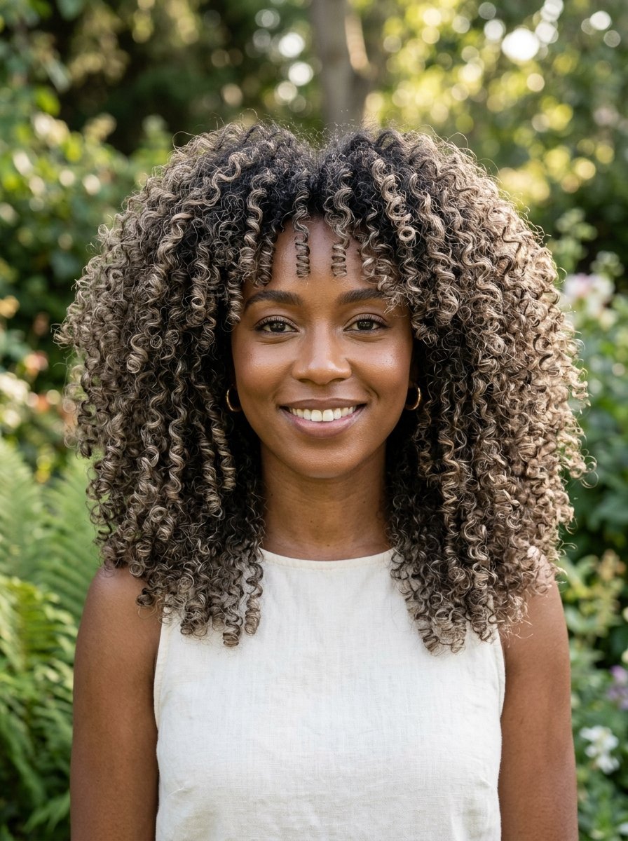 A smiling Black woman with long, highlighted spiral curls wearing a cream top outdoors.