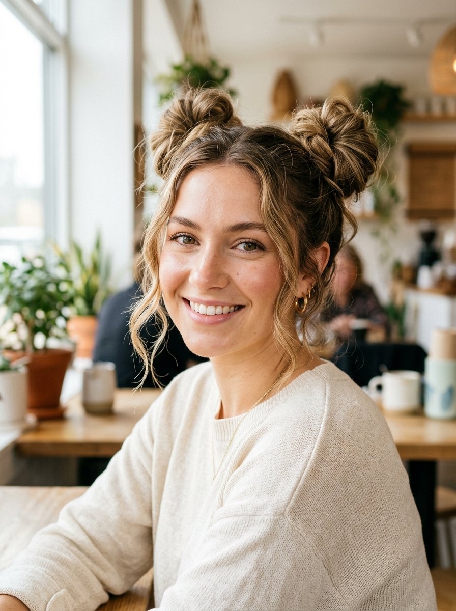 Portrait of a woman with blonde hair styled in two top buns sitting at a wooden table in a brightly lit coffee shop.
