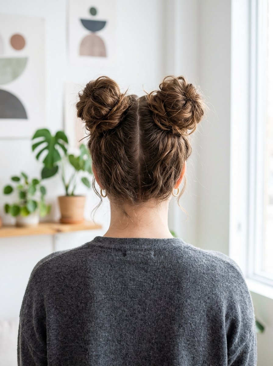 Back view of a person with shoulder length brown hair styled in two messy buns with small gold hoop earrings.