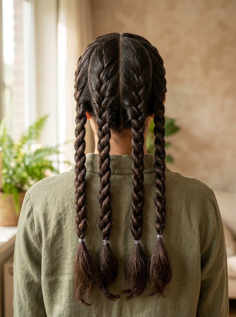 Back view of a person with dark hair styled into four distinct, even braids secured with small clear elastics.