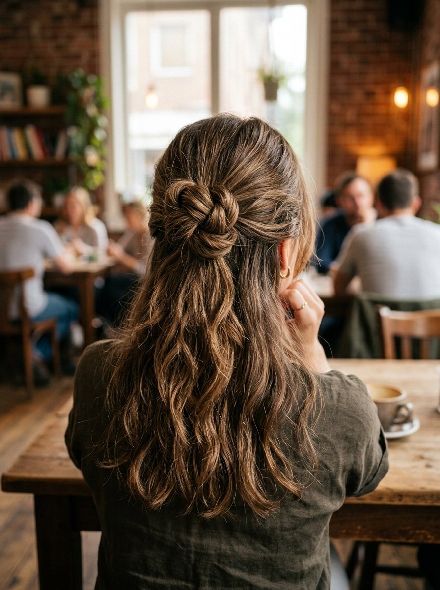 Back view of a woman with long wavy brown hair styled into a half-up bun sitting at a wooden table in a coffee shop.