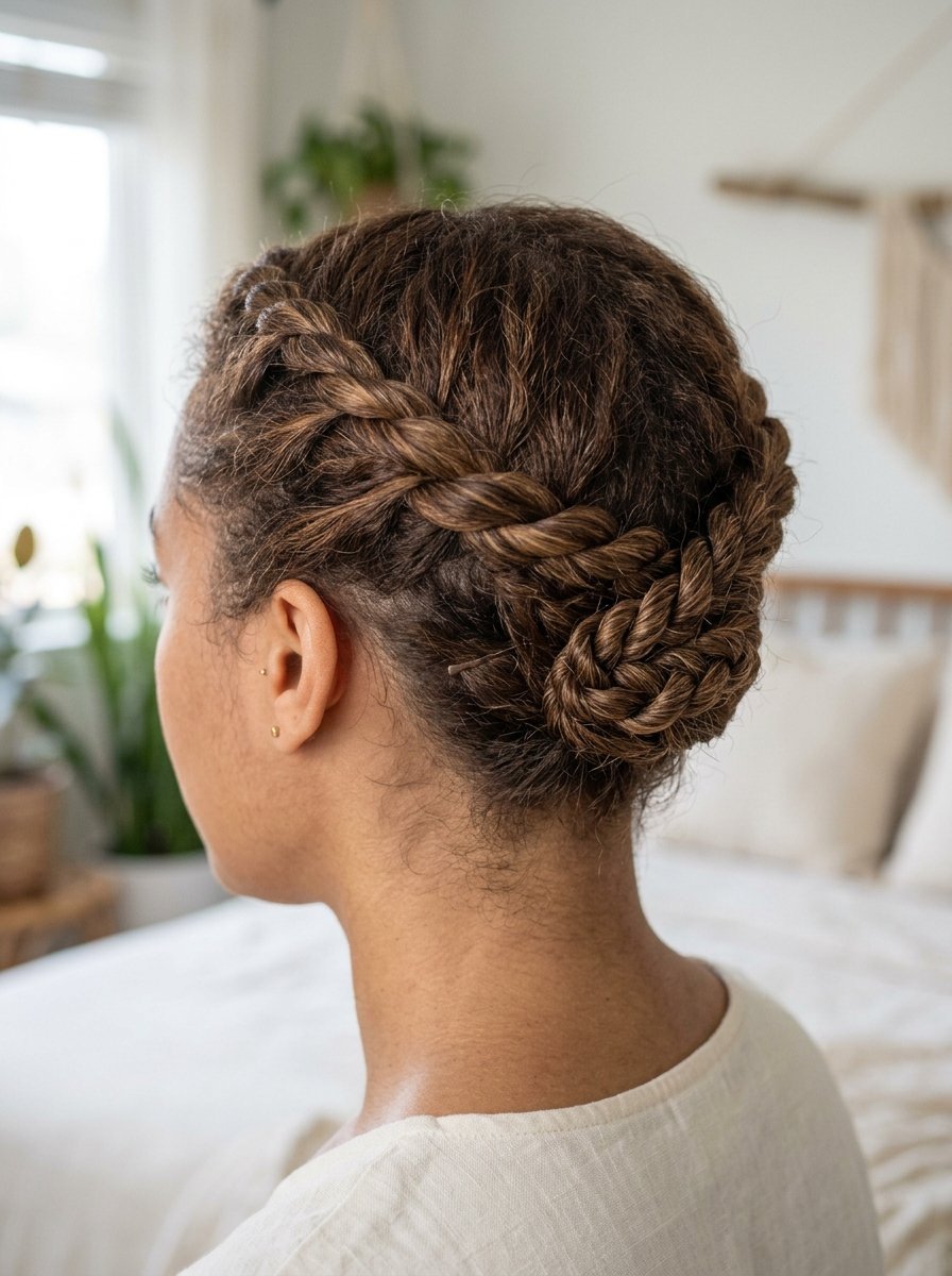 Back view of a person with dark brown hair styled in an elegant braided bun.