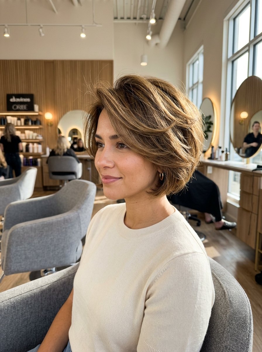 Close-up of a smiling woman sitting in a hair salon chair showing off her textured, chin-length brown bob haircut.