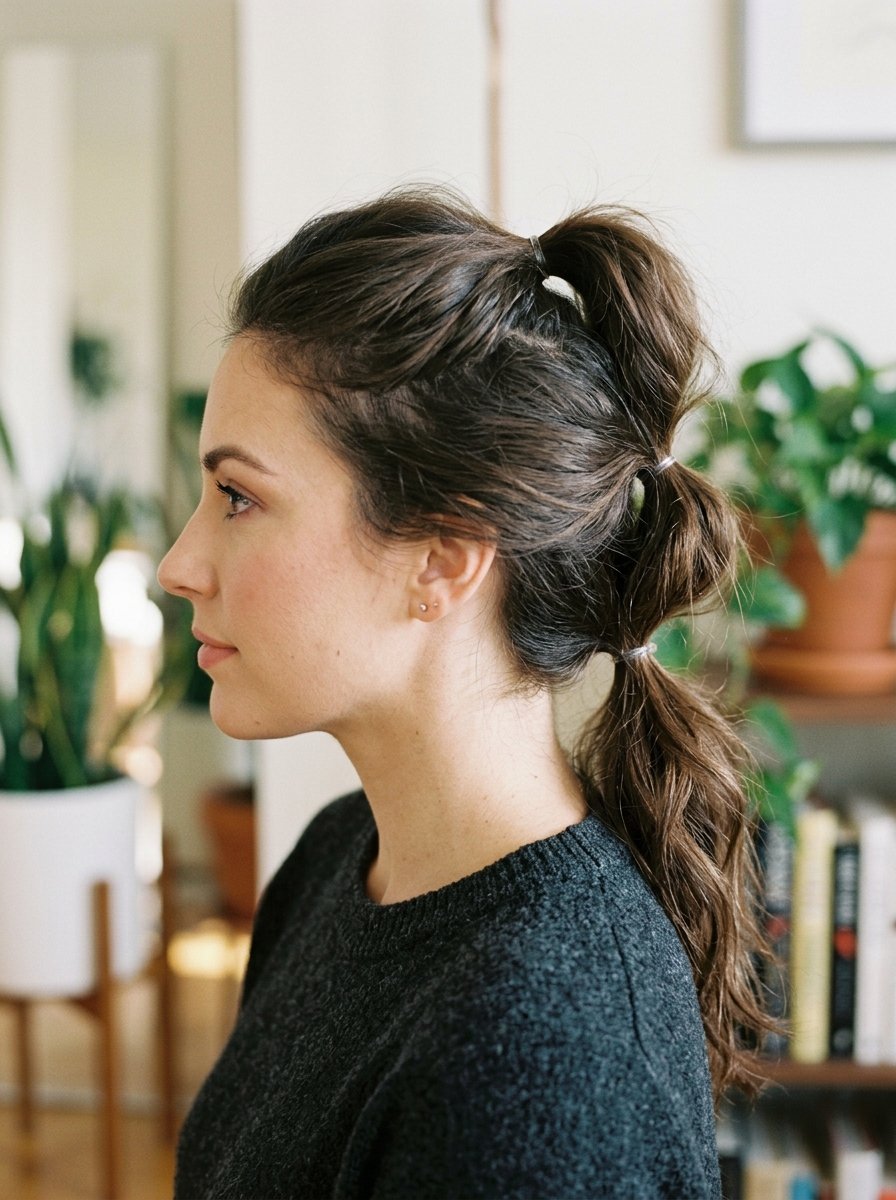 A woman wears her brown hair in a segmented bubble ponytail hairstyle while looking toward the side.