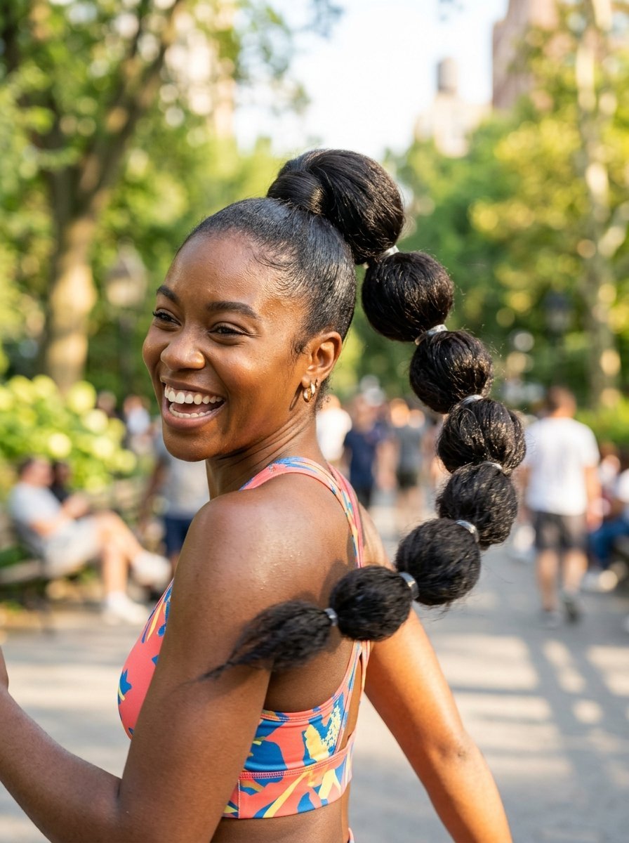Portrait of a smiling woman in a park sporting a long, segmented high bubble ponytail hairstyle.