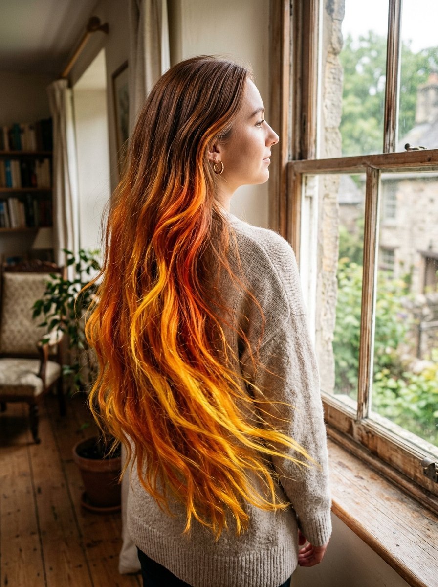 Side profile of a woman with flowing red and yellow ombre hair wearing a beige knit sweater by a cottage window.