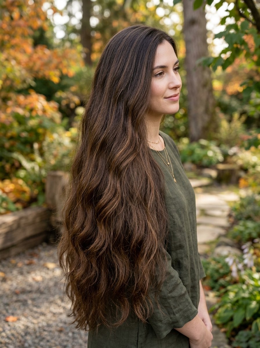 Profile view of a smiling woman with very long wavy brown hair wearing an olive green dress in a park.