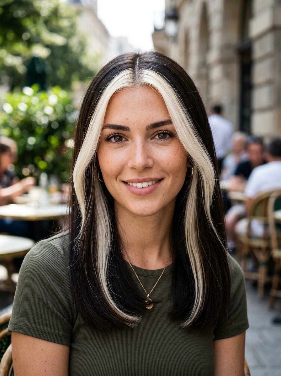 Portrait of a woman wearing a green shirt with blonde money piece highlights framing her dark hair.