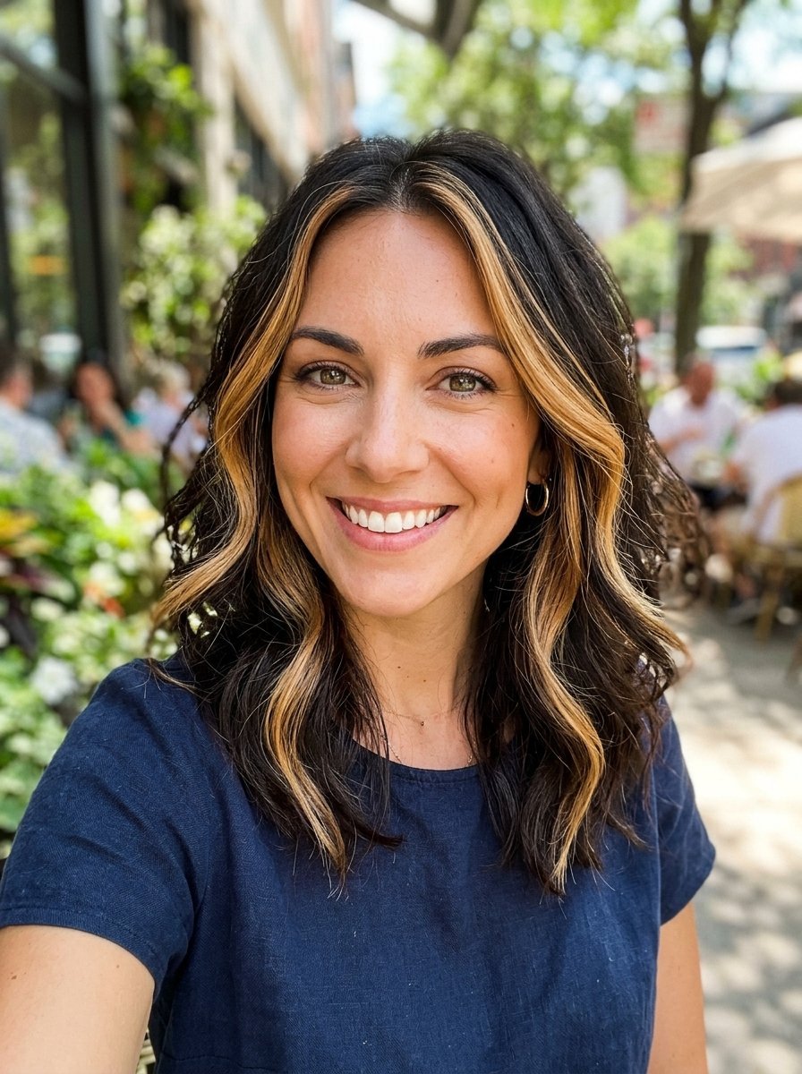 Close-up portrait of a smiling woman with dark wavy hair and bright blonde highlights in an outdoor city setting.