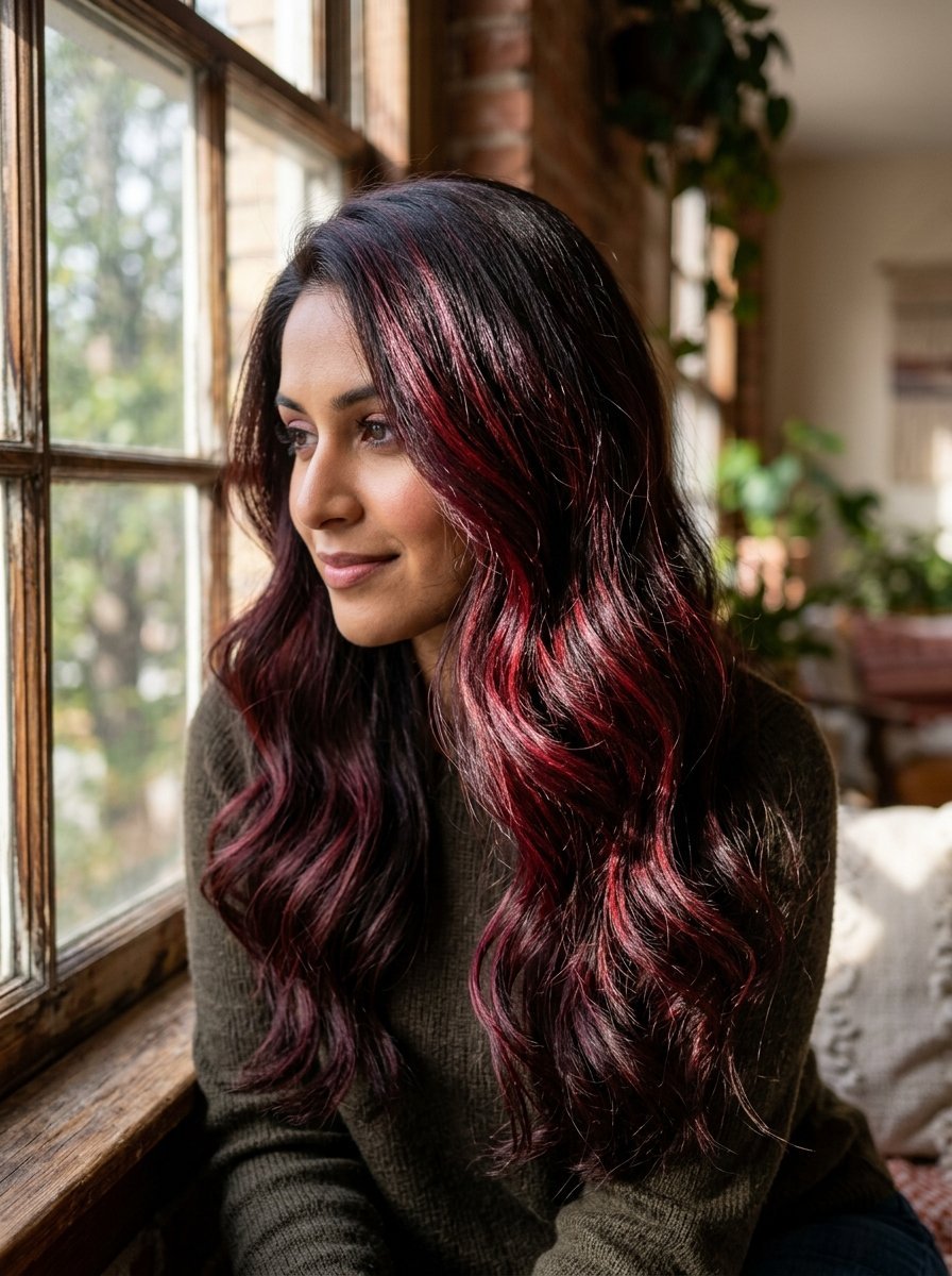 Close-up of a smiling woman with dark hair and vibrant red streaks looking out a window.