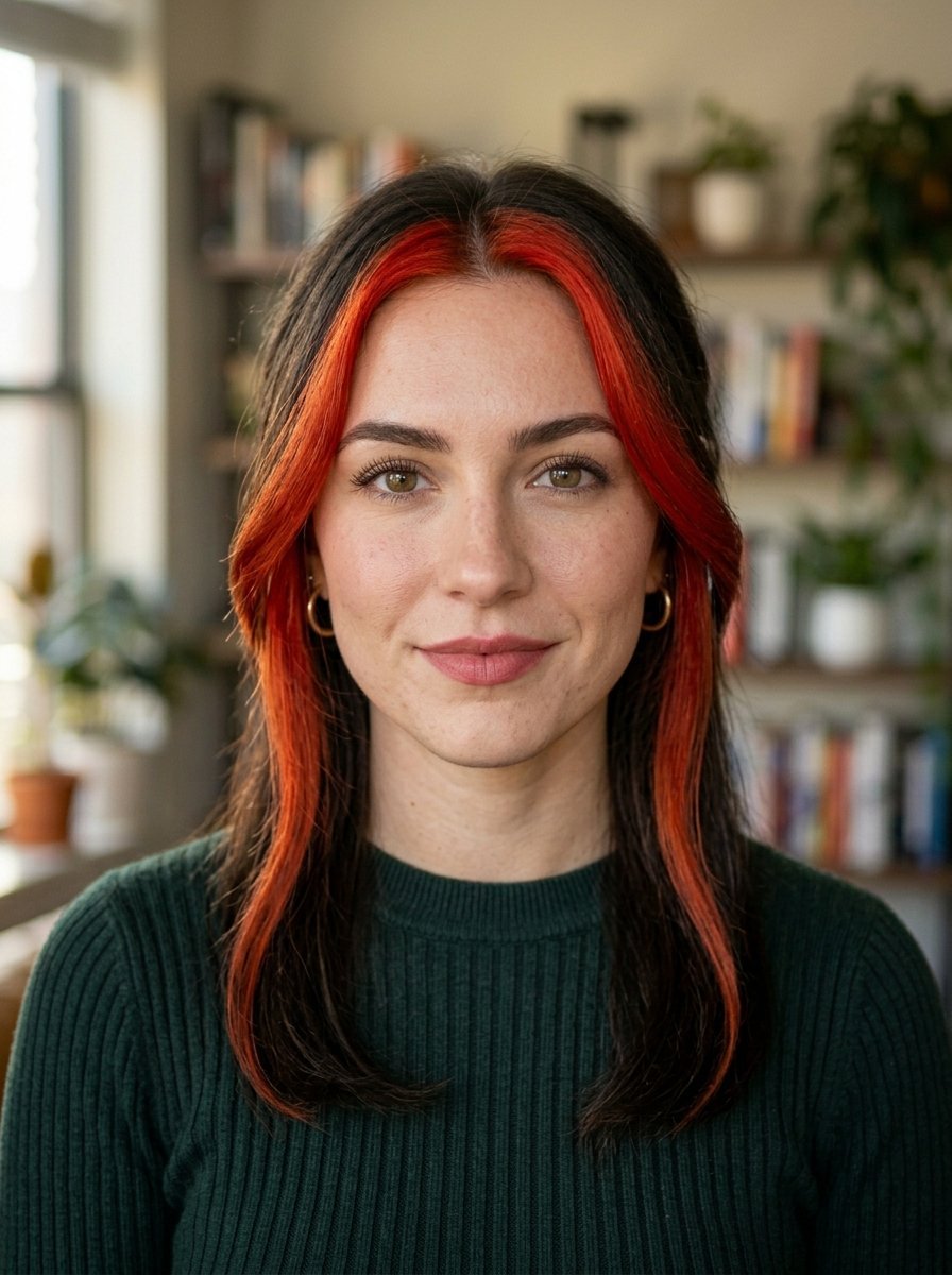 Close up portrait of a woman wearing a green sweater with bold red highlights framing her dark brown hair.